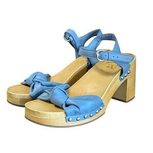 Sam & Libby Cassia Wood Heel Sandals Women 9 Blue Ankle Strap Vtg Y2k Bow